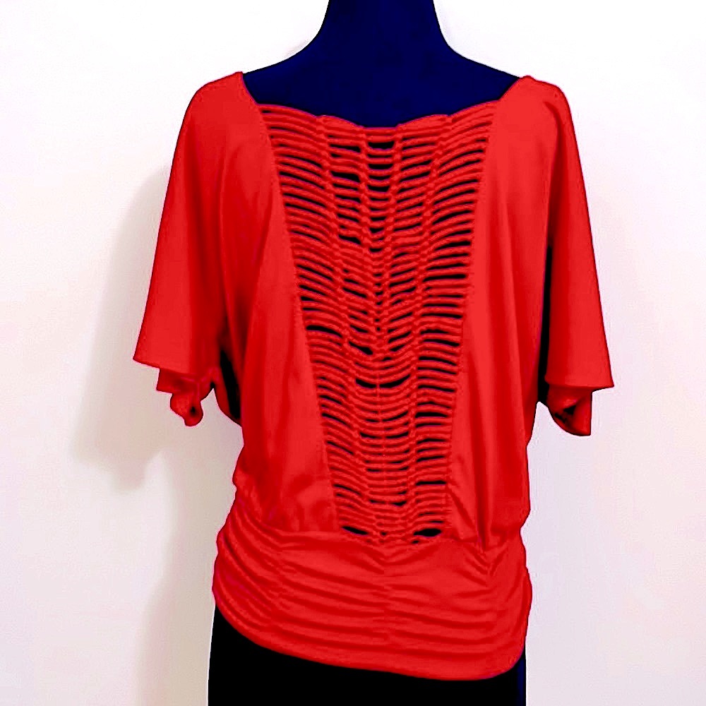Nwot red blouse flowy sleeves fitted adjustable waist cute back detail S.